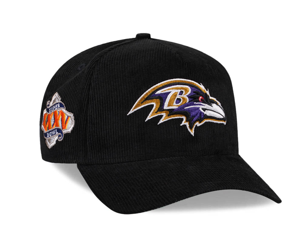 New Era Baltimore Ravens Super Bowl XXXV Black Corduroy Edition 9Forty A Frame Snapback Cap